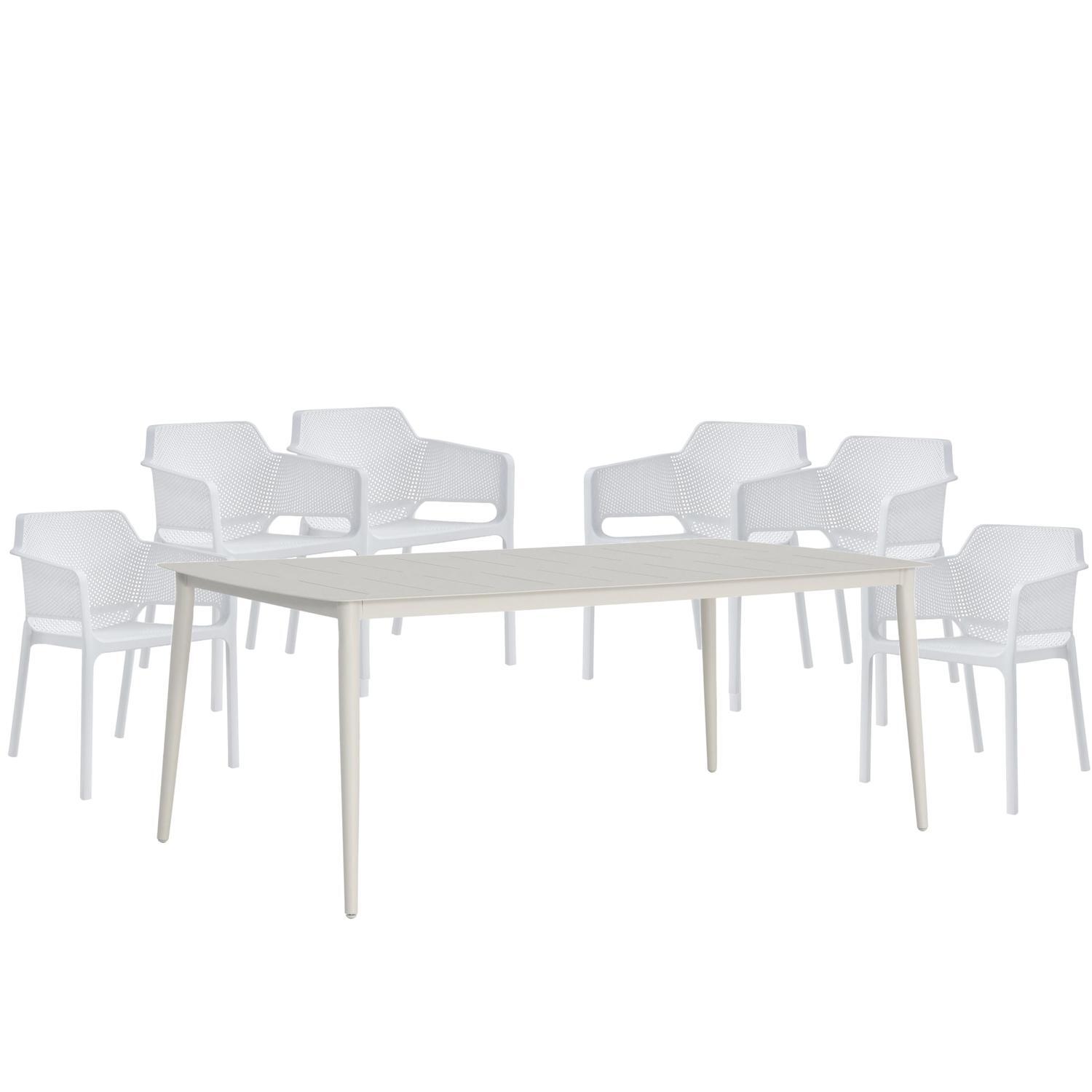 Cuba Outdoor Dining Setting  7 Piece Bone Vivid Dining Chairs with arms White