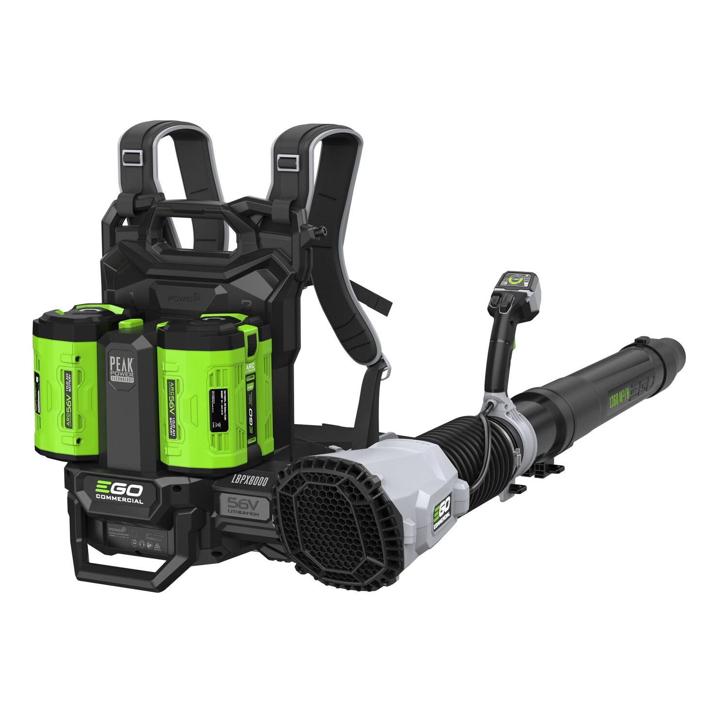 Commercial 1360m³/h Dual Port, Brushless Backpack Blower KIT, nozzle included. Includes 2 X 10.0Ah Batteries and 2 X Turbo Chargers 56 Volt
