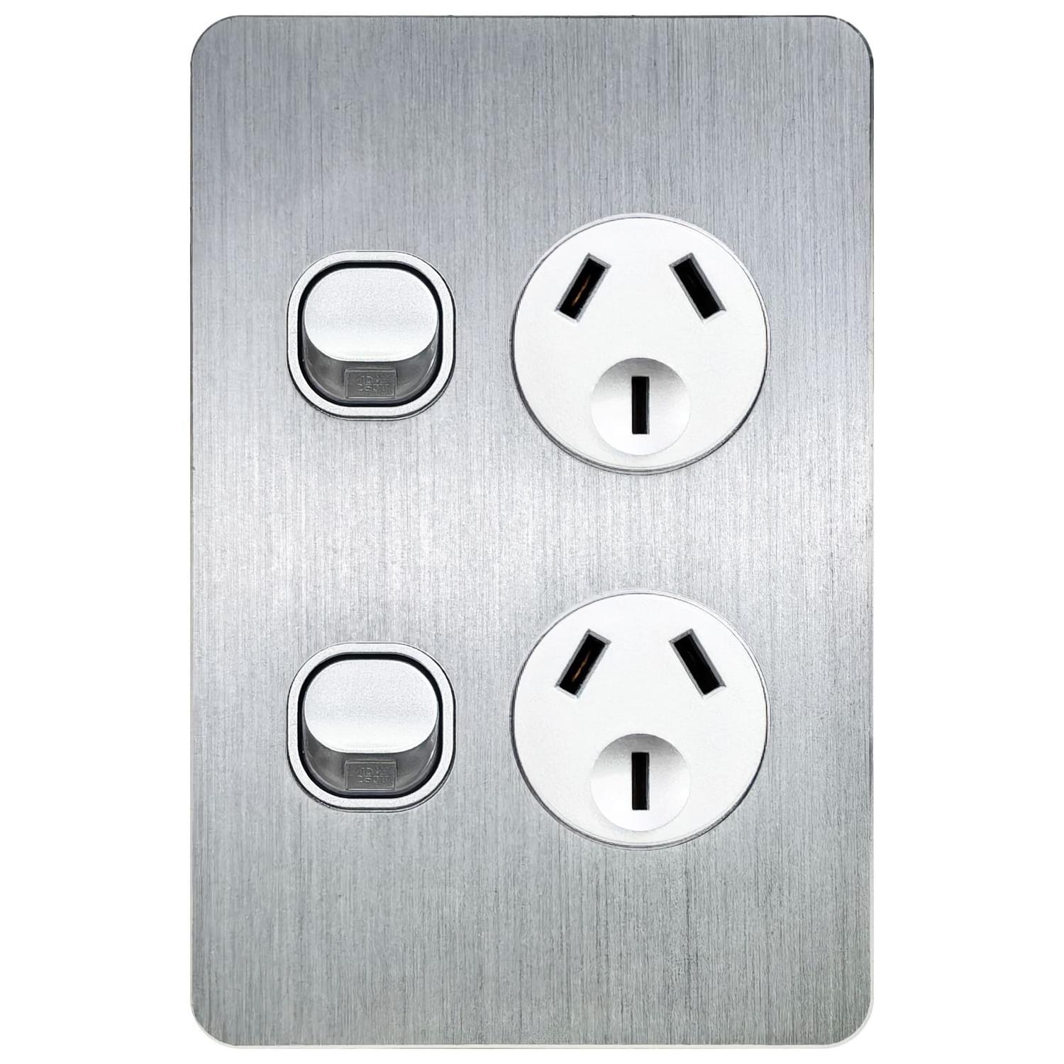 Double Vertical Power Point Switch Brushed Aluminium 121 x 80 x 28mm Silver Grey