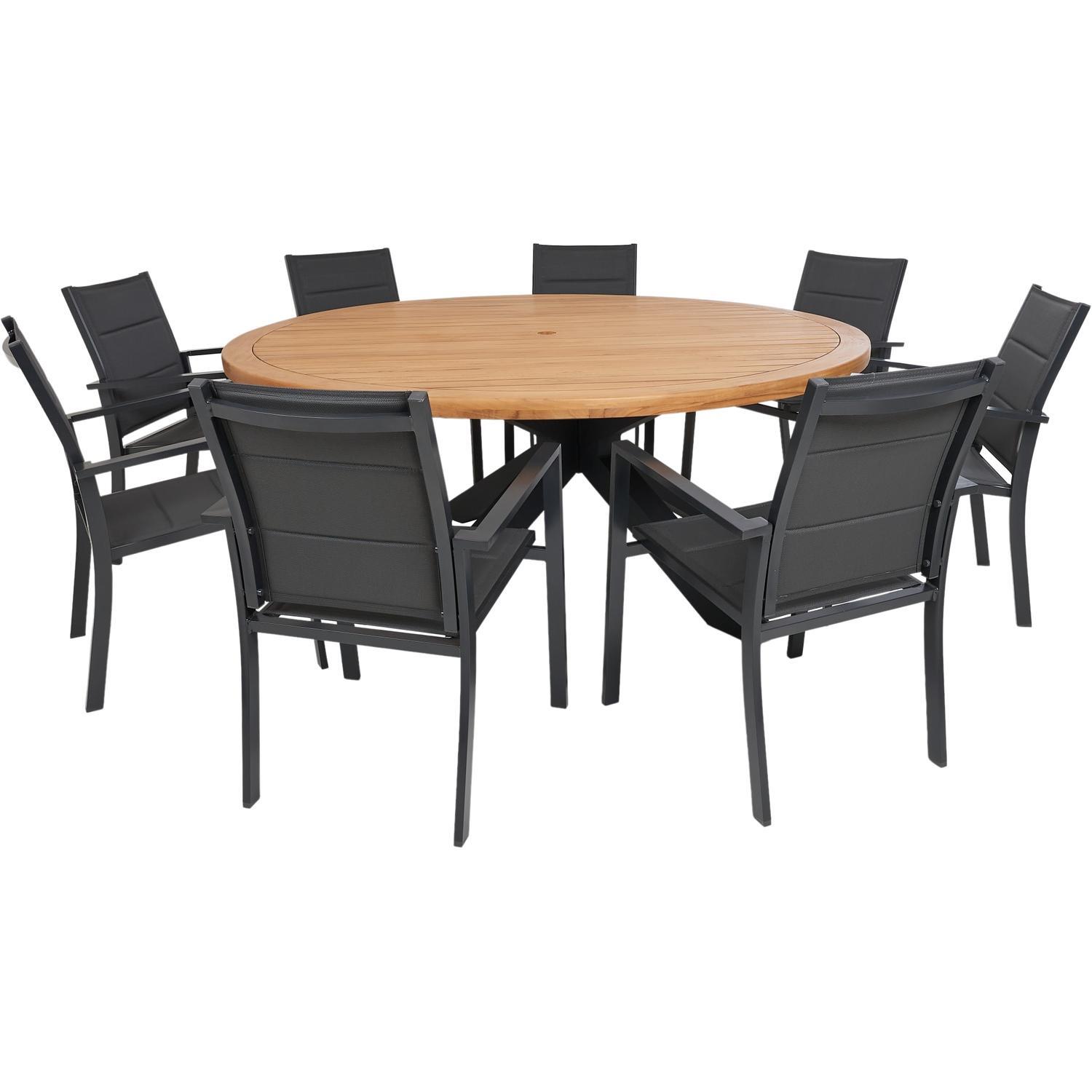 Large Round Outdoor Dining Setting With Morocco Sling Chairs 9 Piece