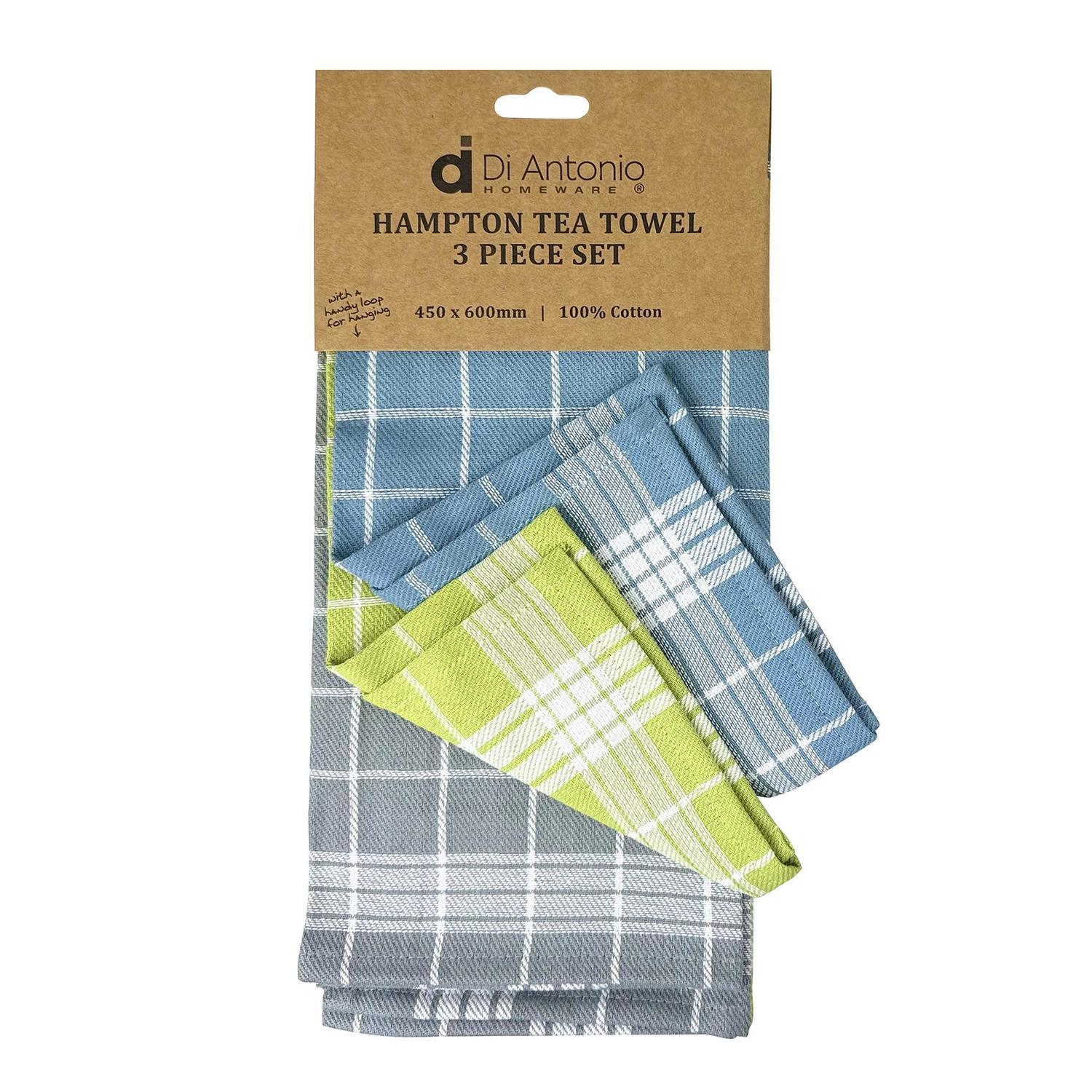 Tea Towel Cotton Blue Green Grey 3 Pack