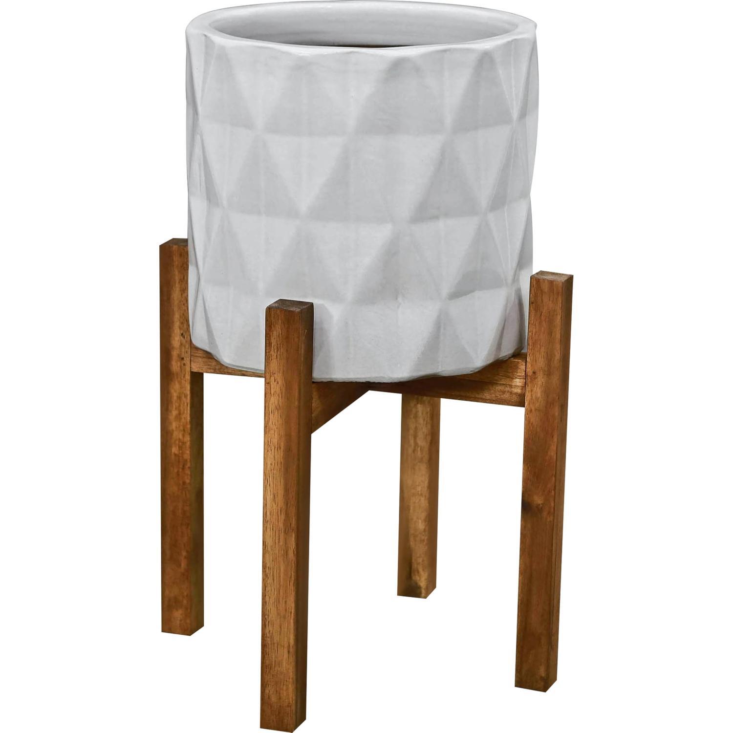 Indoor Geometric Ceramic Pot on Wooden Stand L White