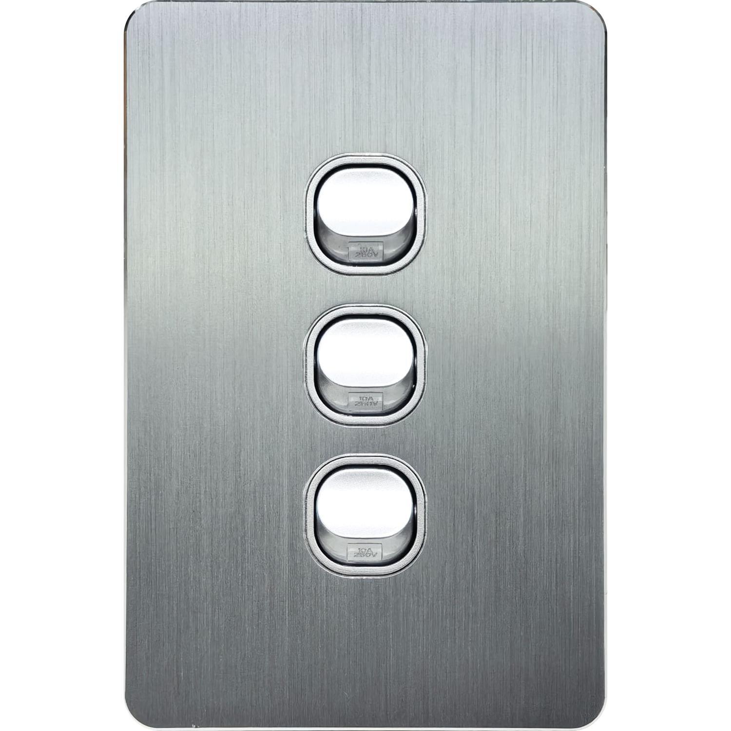 Triple Vertical Light Switch Brushed Aluminium 121 x 80 x 28mm Silver Grey