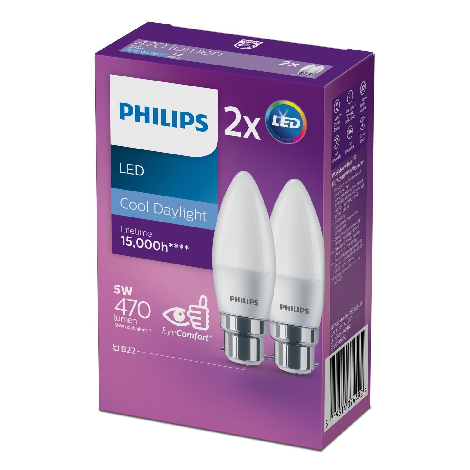 Light Bulb LED B22 470lm Frosted Candle 2 Pack 5W Cool Daylight