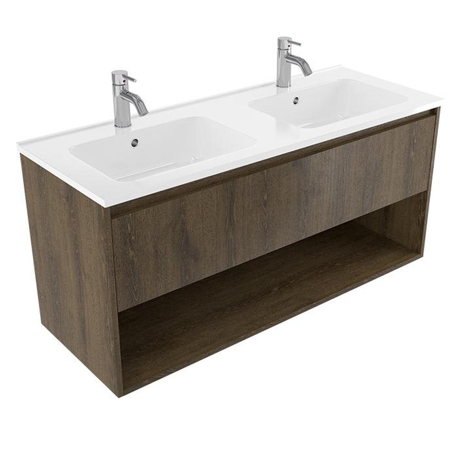 2 Bowl Wall Vanity 1200mm Smokey Oak