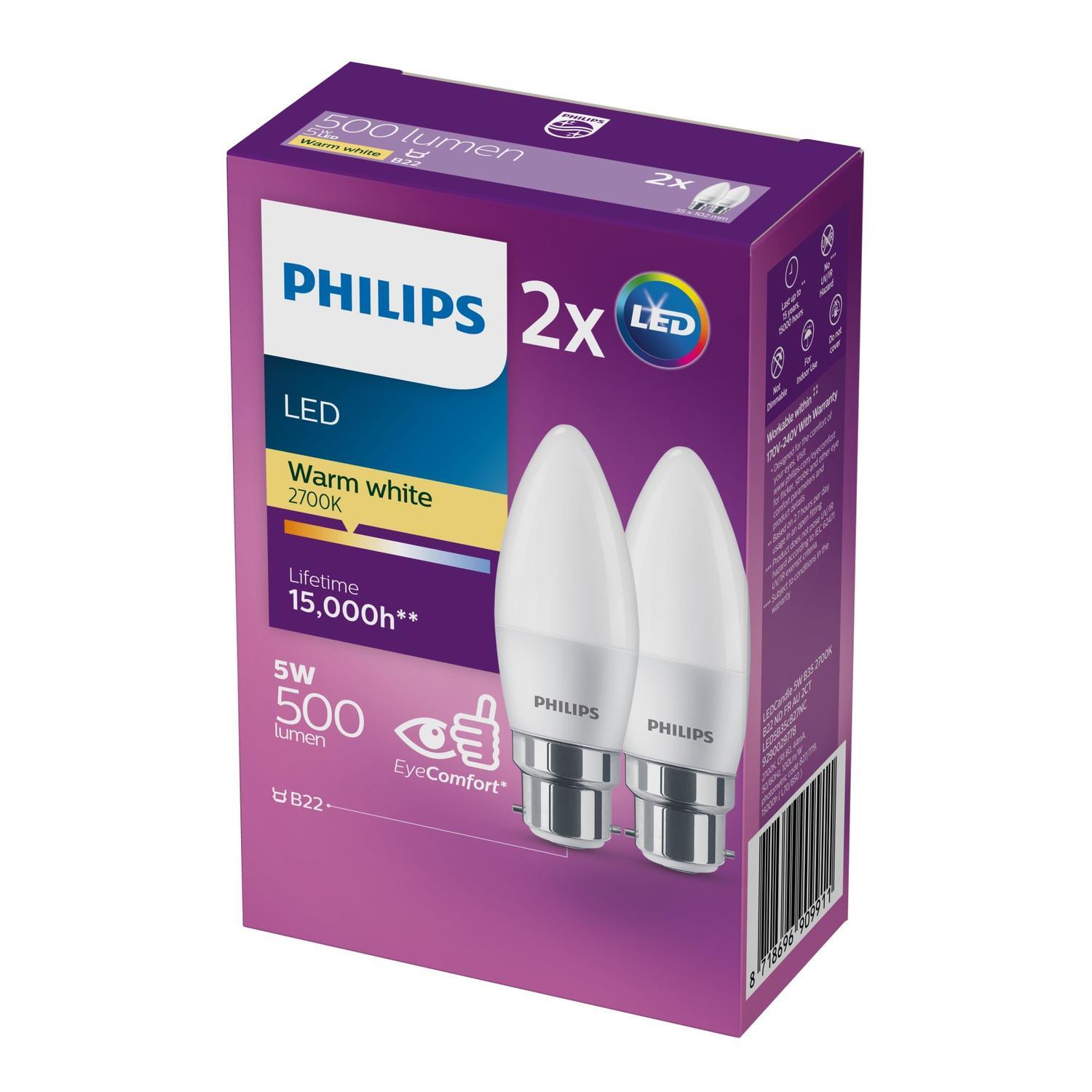 LED 5w BC 500lm Warm White Candle  2pk