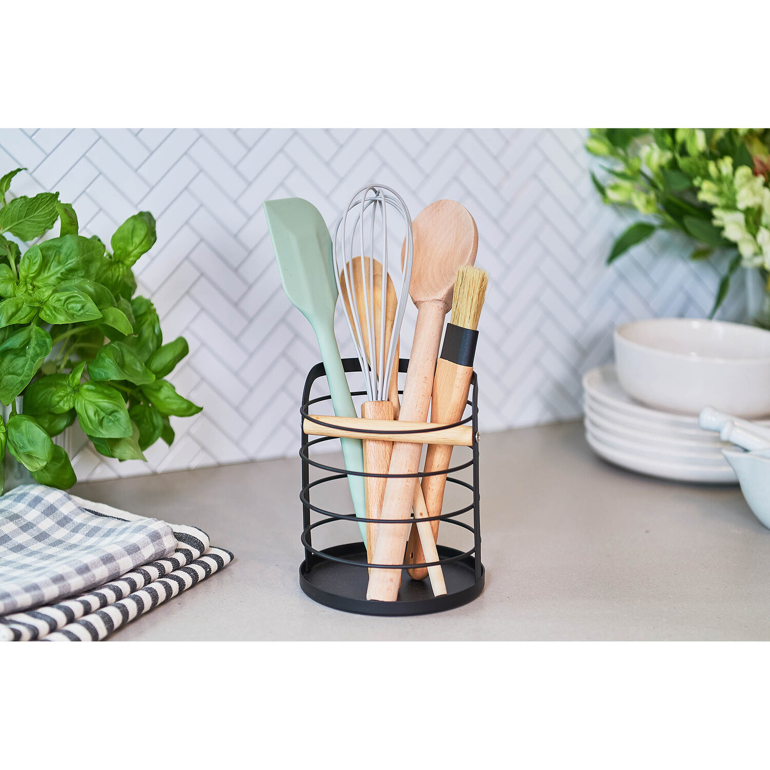 Utensil Holder Wood Divider Black