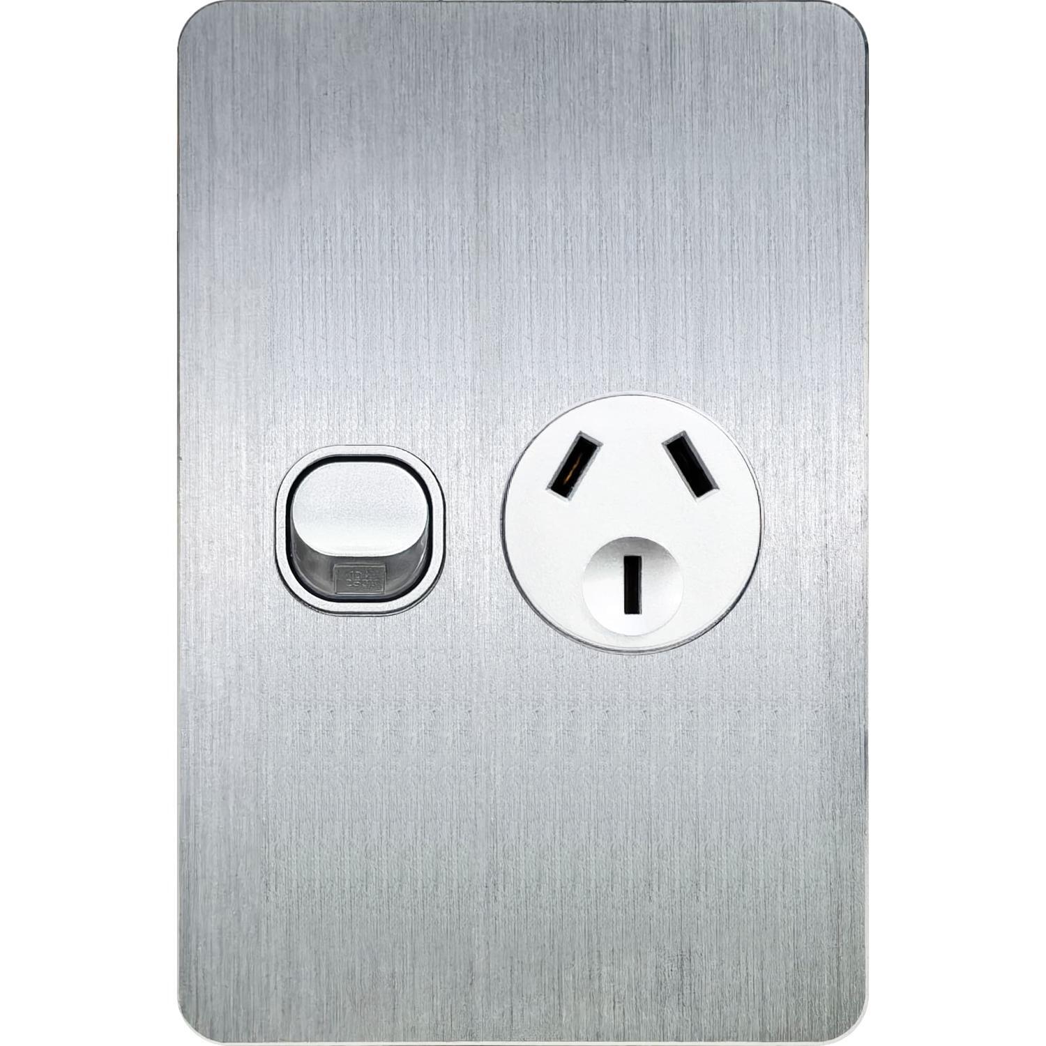 Single Vertical Power Point Switch Brushed Aluminium 121 x 80 x 28mm Silver Grey
