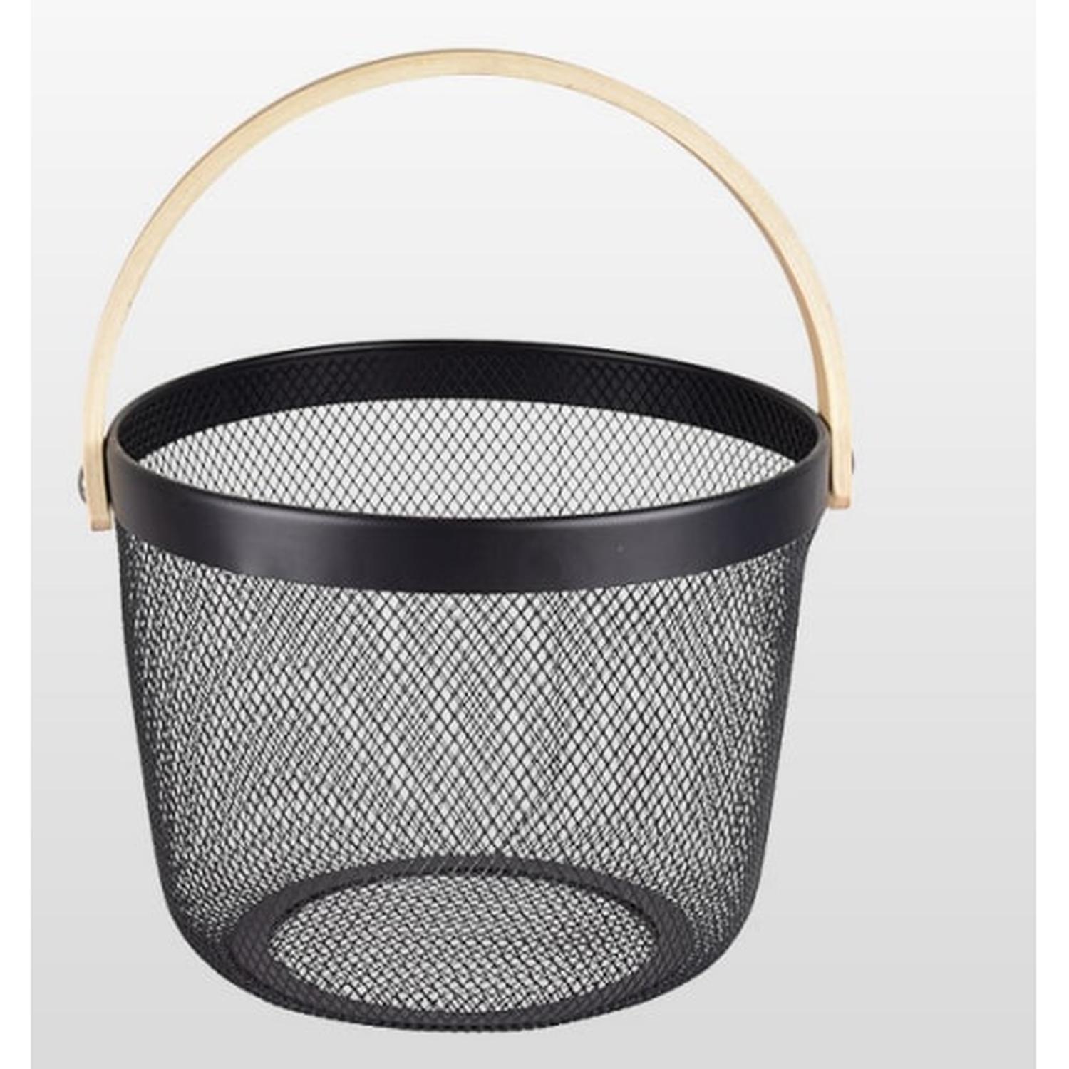 Basket Mesh Round Wood Handle Black