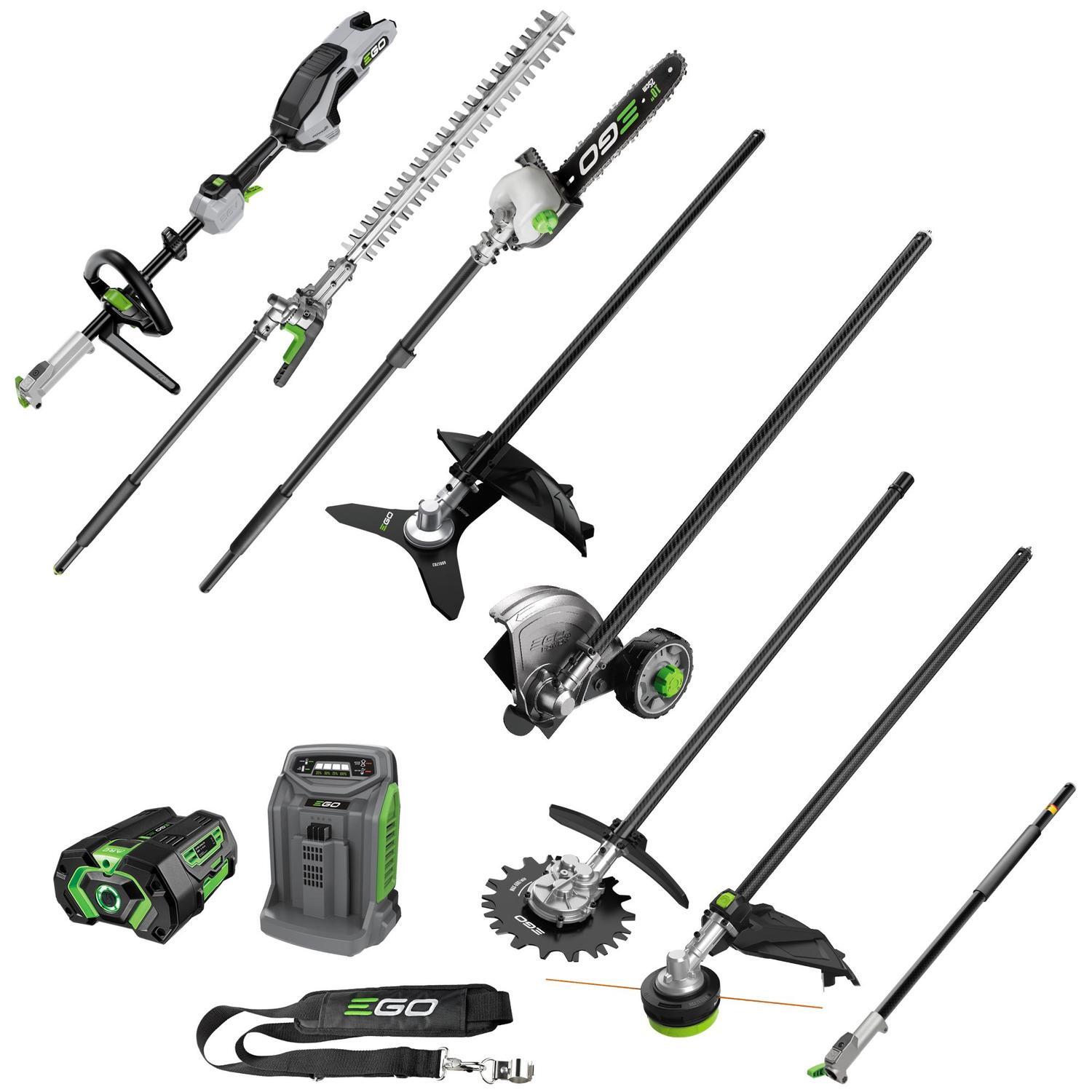 EGO POWER+ 56V Brushless Multi-Tool Power Head with Carbon Fibre Shaft 7pce Attachment Kit. Includes EP7501, PSA1020, HTA2020, STA1600, BCA1220, EA0820, RTA2320 Attachments, 5.Ah Battery, Rapid Charger & Shoulder Strap