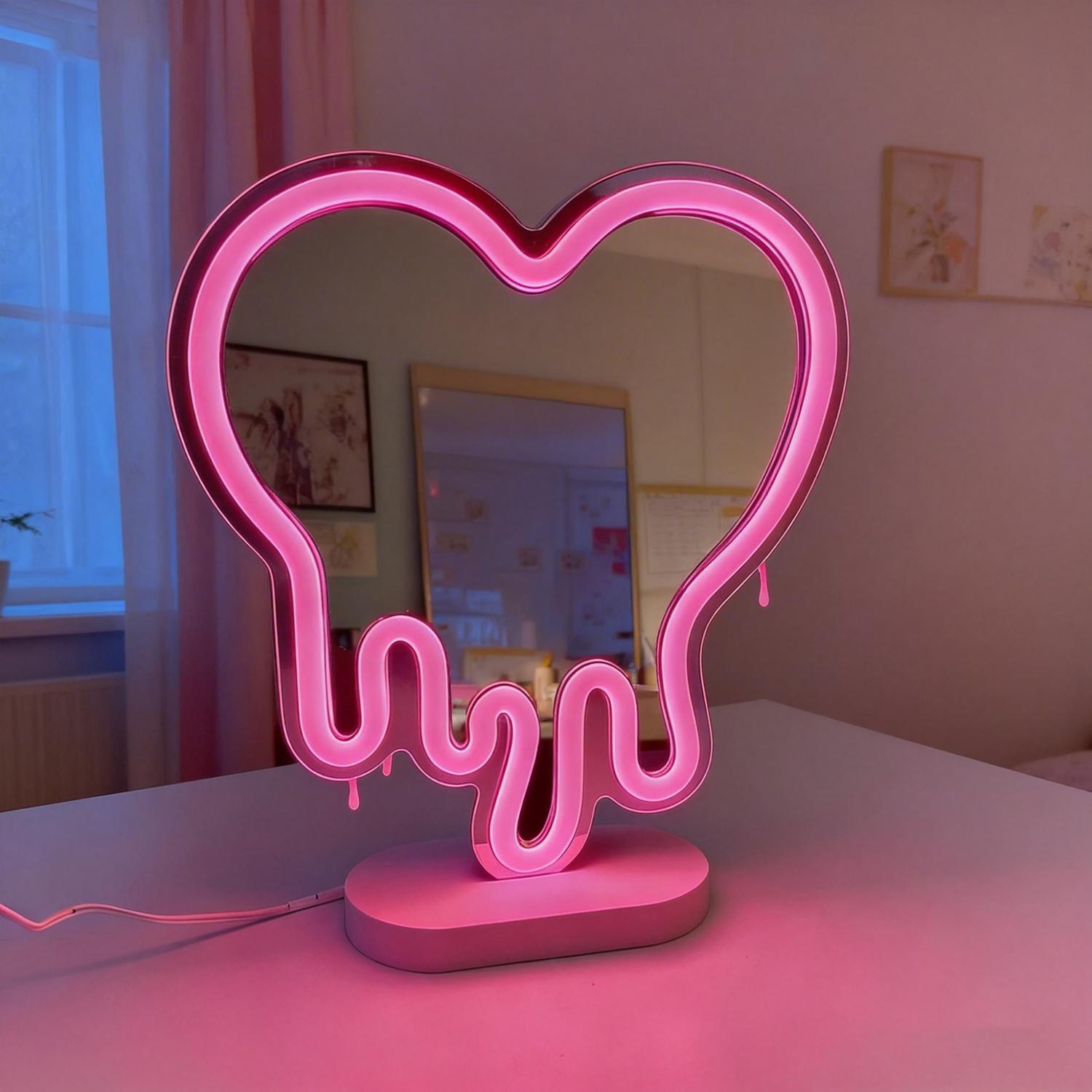 Neon Heart Mirror Table Light 220 x 180 x 60mm / 5V Pink
