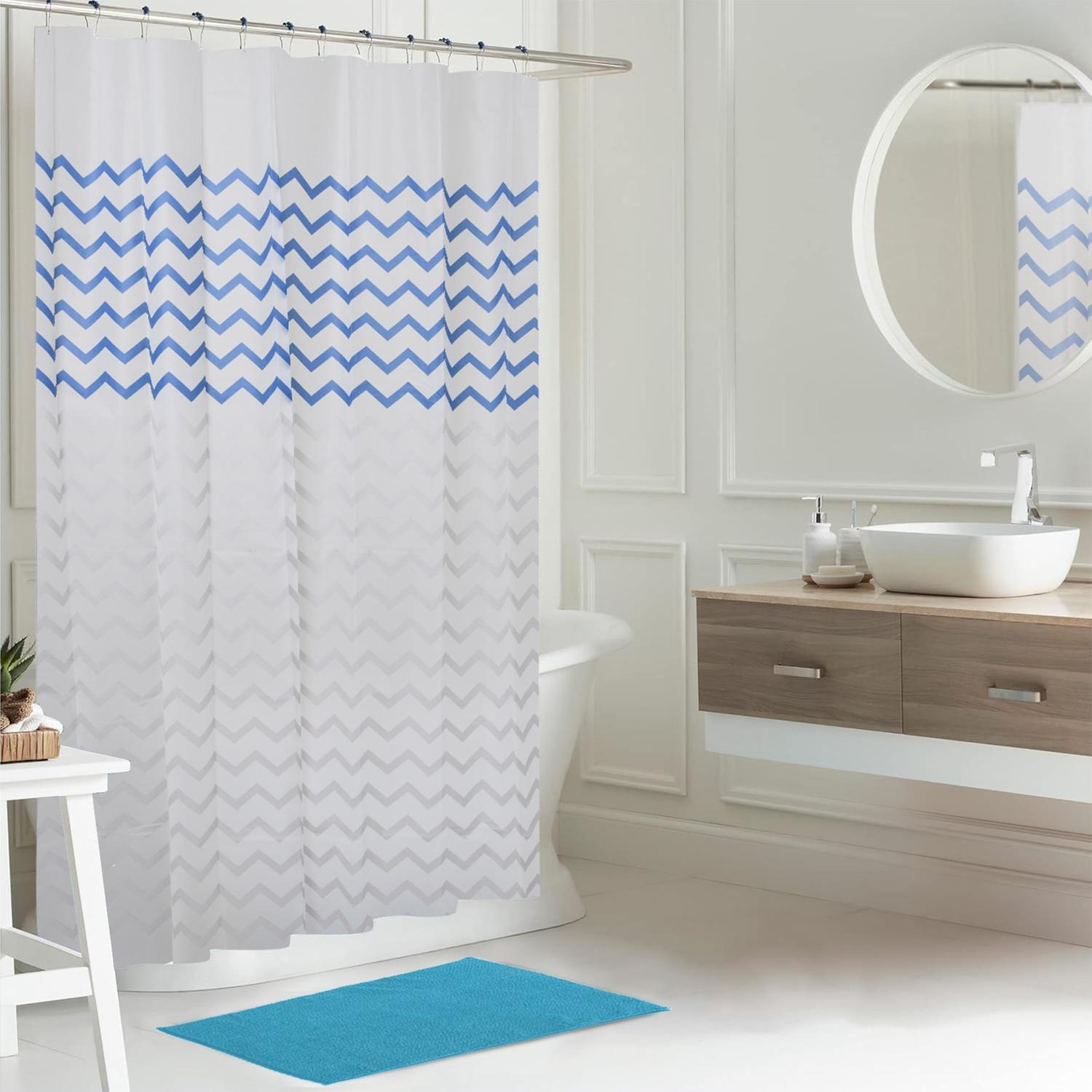 Shower Curtain & Bathmat Combo Set  Blue Wavy