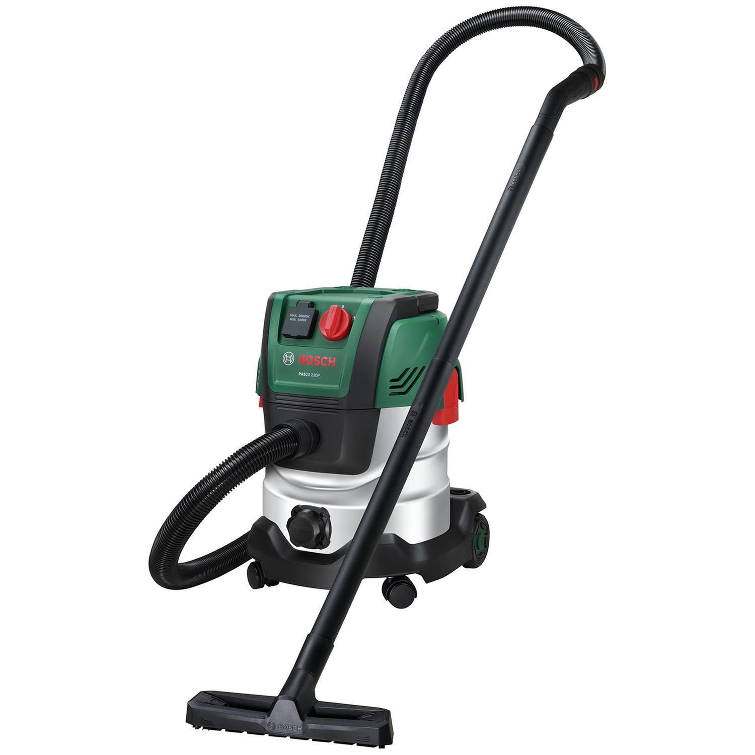 Bosch PAS20-220P 1200W Wet Dry Vacuum Cleaner Set 20L Stainless Steel 220m Bar Incl: Extension pipes, Suction Hose + Handle, Floor Nozzle, Crevice Nozzle, Vac Fleece Bag, Flat Pleated Filter, Universal Adapter