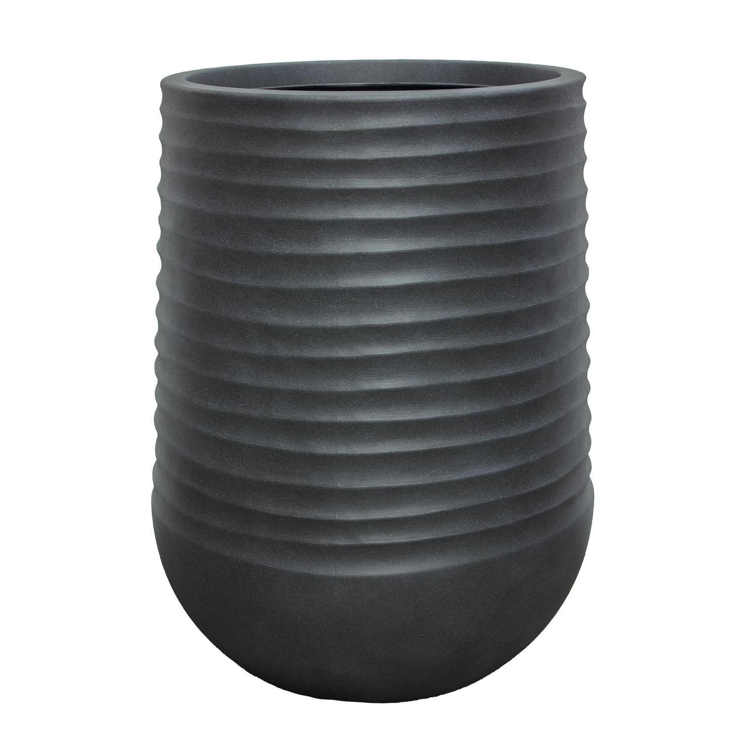 Tall Round Ribbed Resin Pot L Black