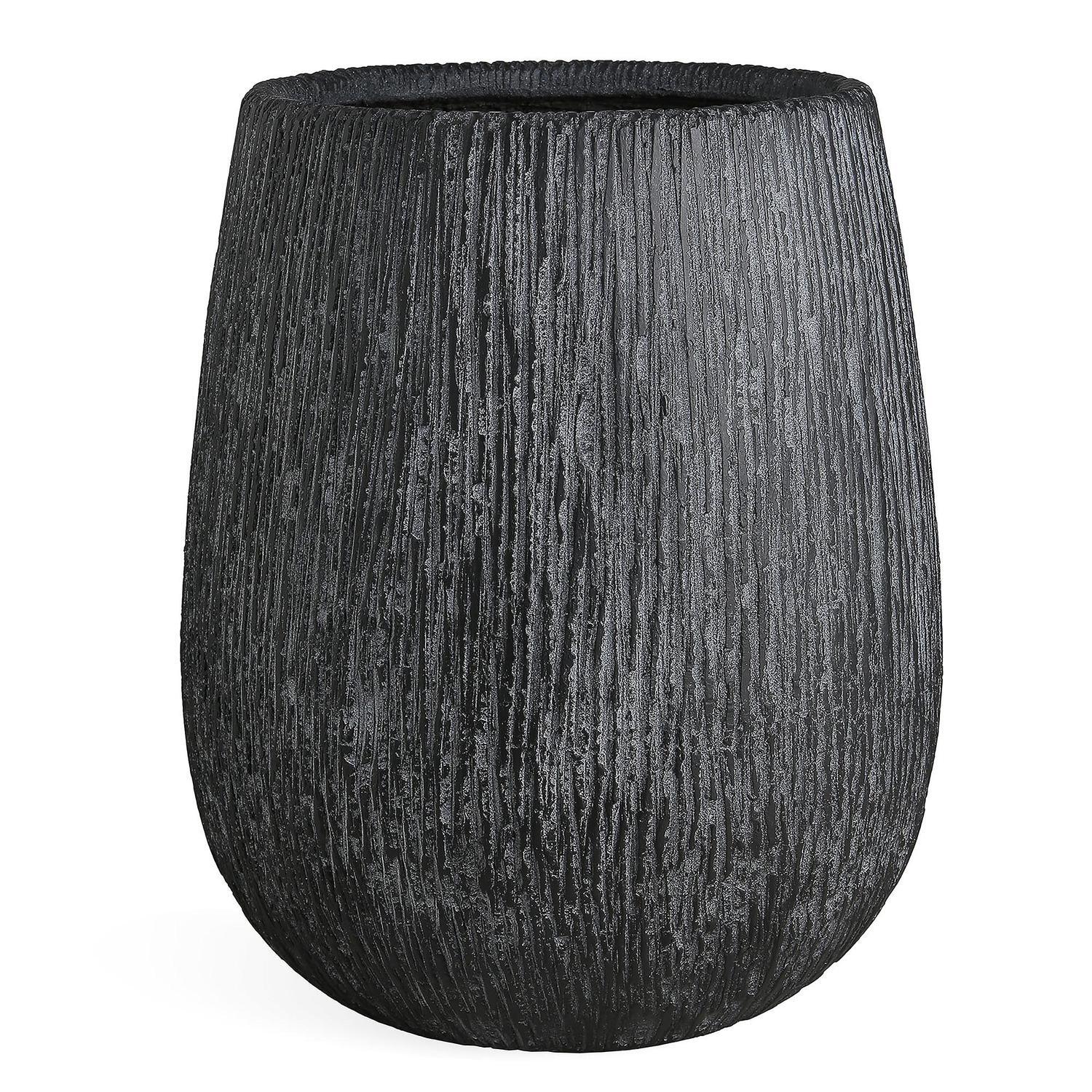 Tall Round Cement Carve Pot L Black