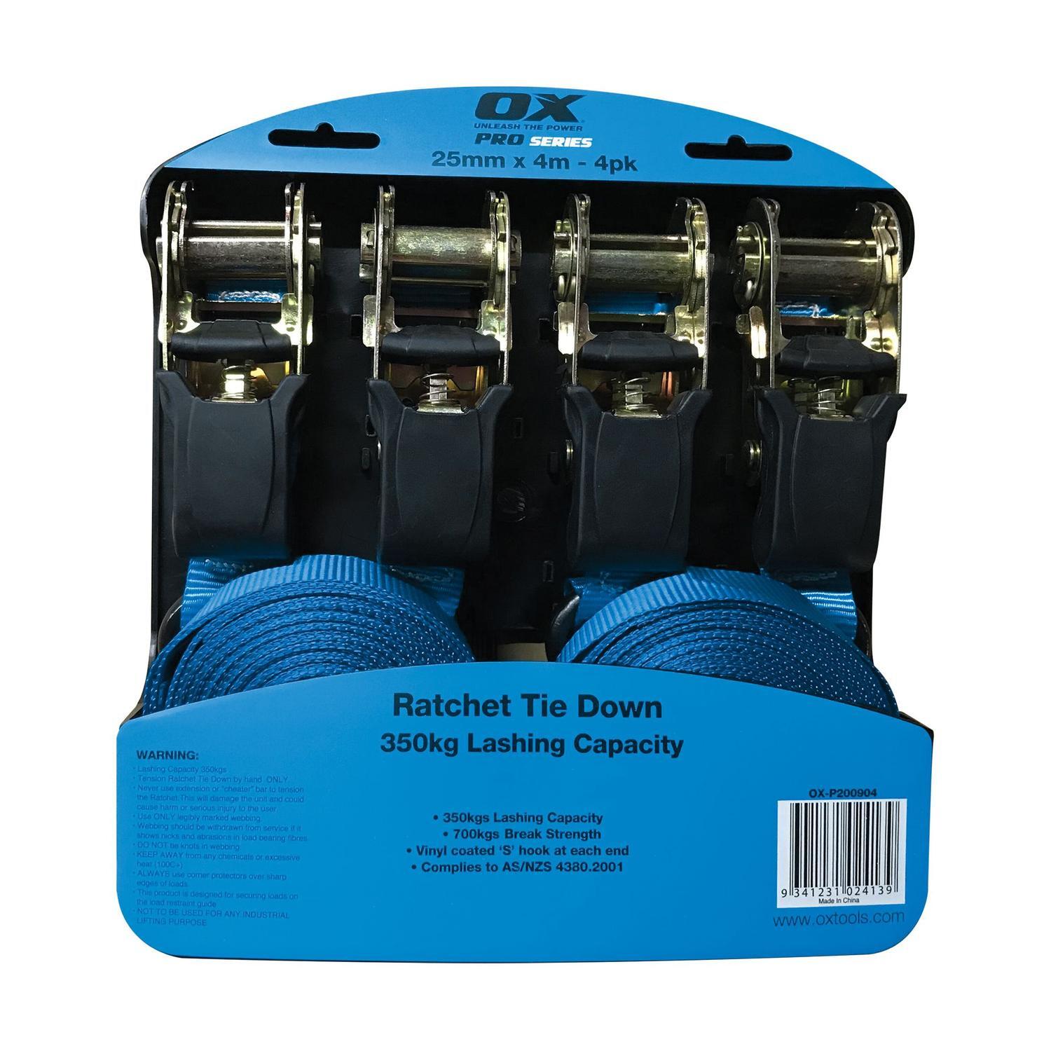 TIEDOWN RATCHET 25MM X 4M 700BS 4PK