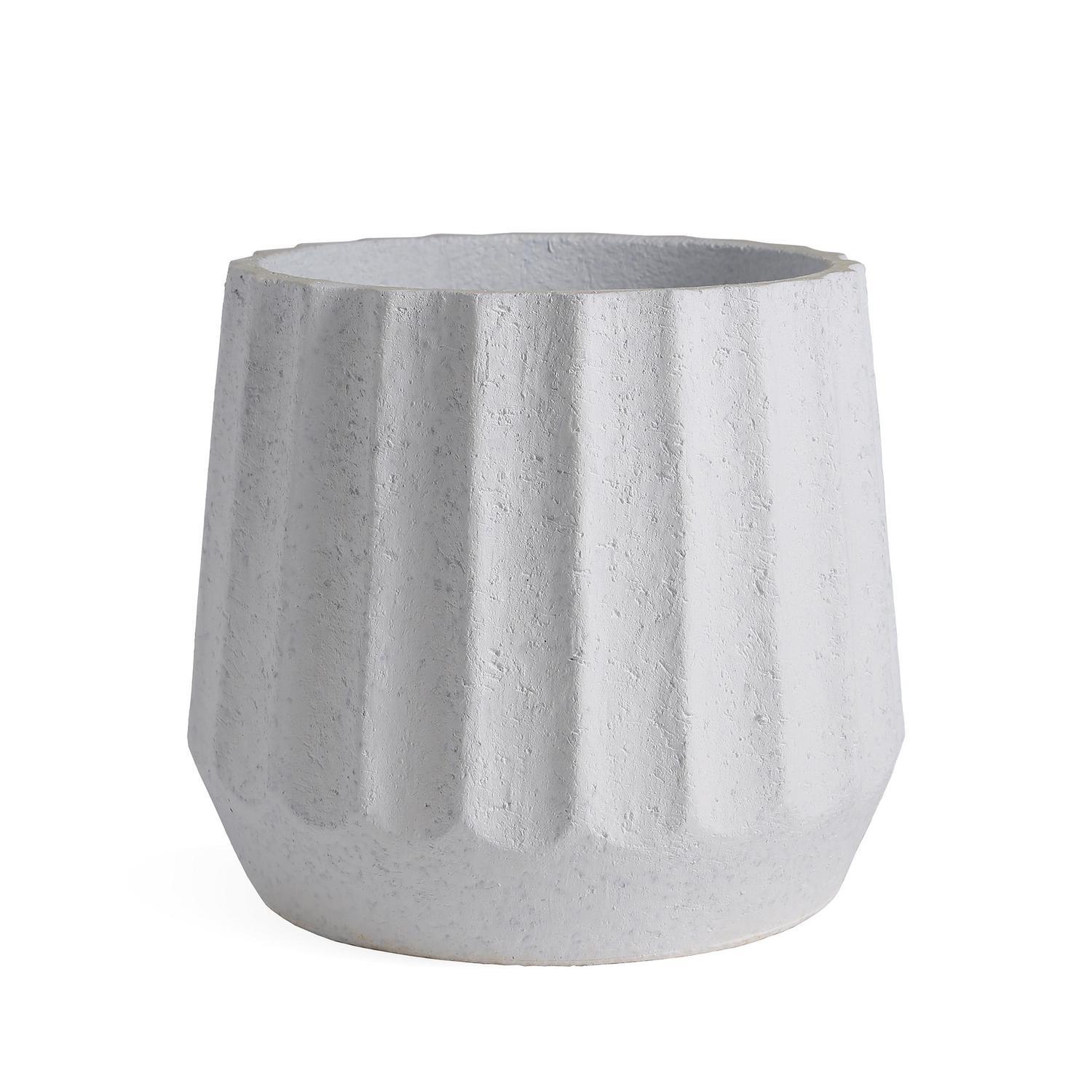 Ribbed Cement Drum Pot S White