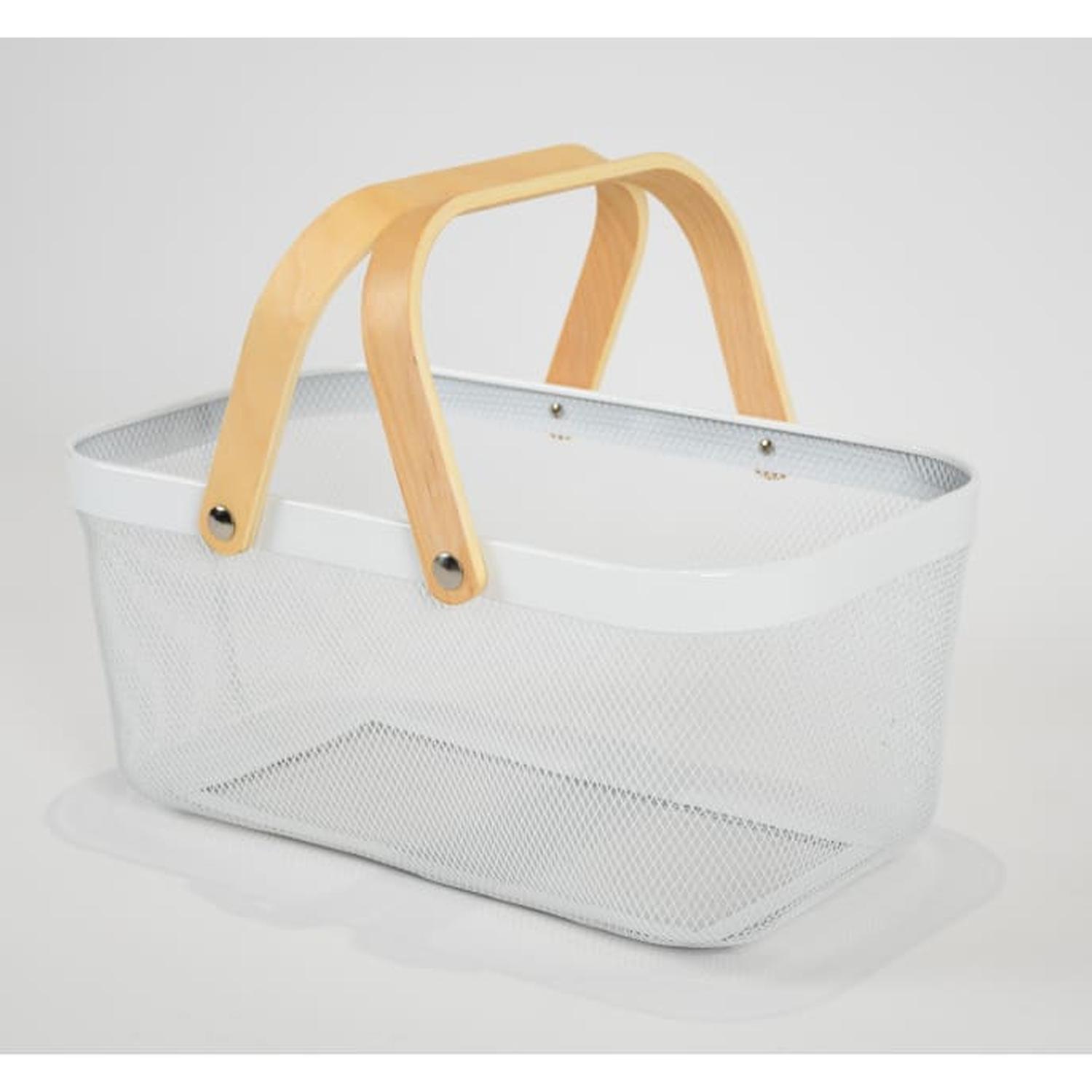 Basket Mesh Rectangle Wood Handle White