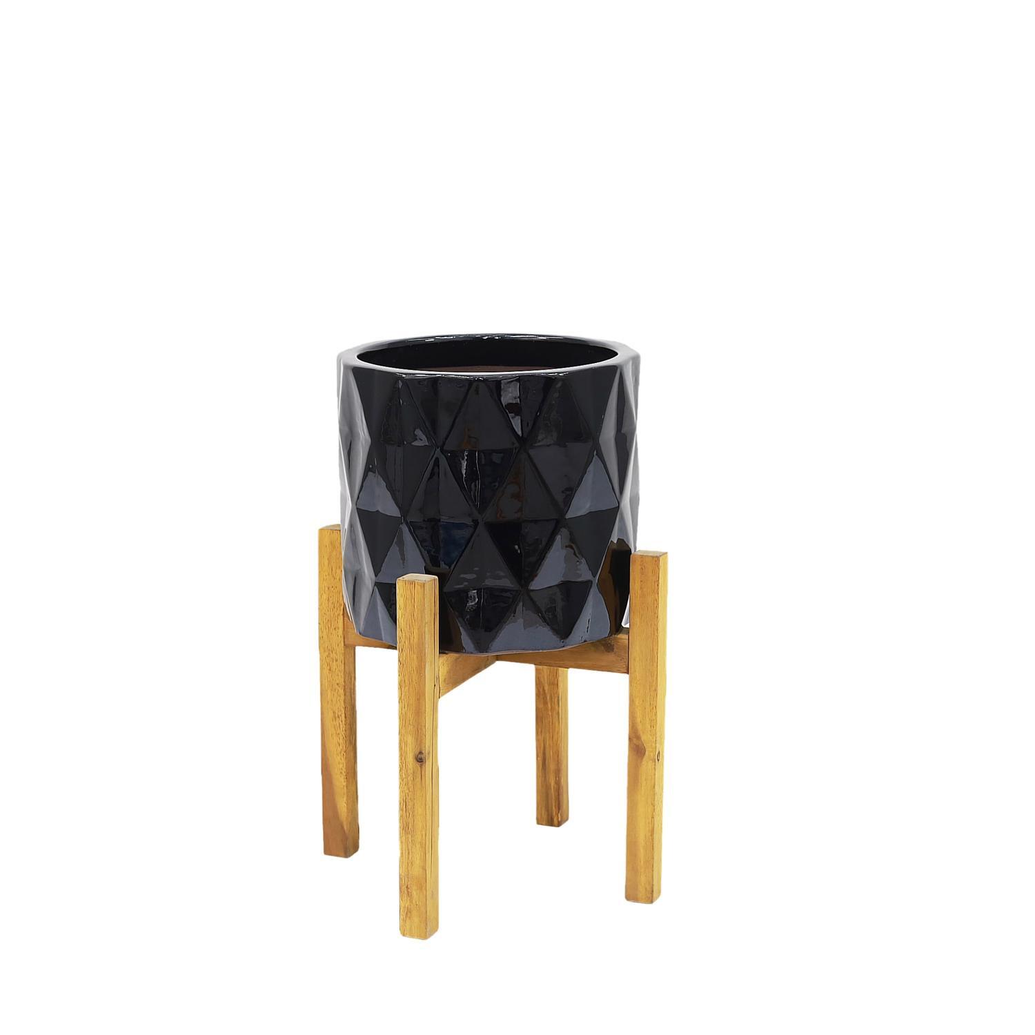 Indoor Geometric Ceramic Pot on Wooden Stand XL Black