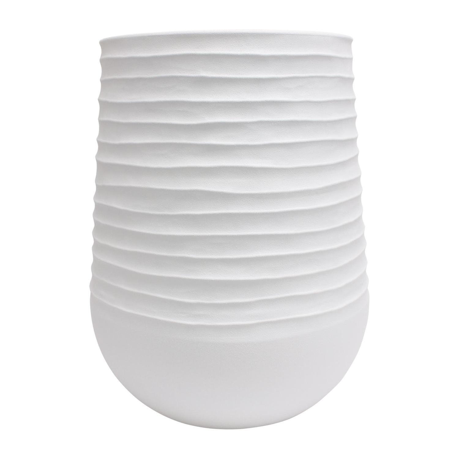 Tall Round Ribbed Resin Pot M White