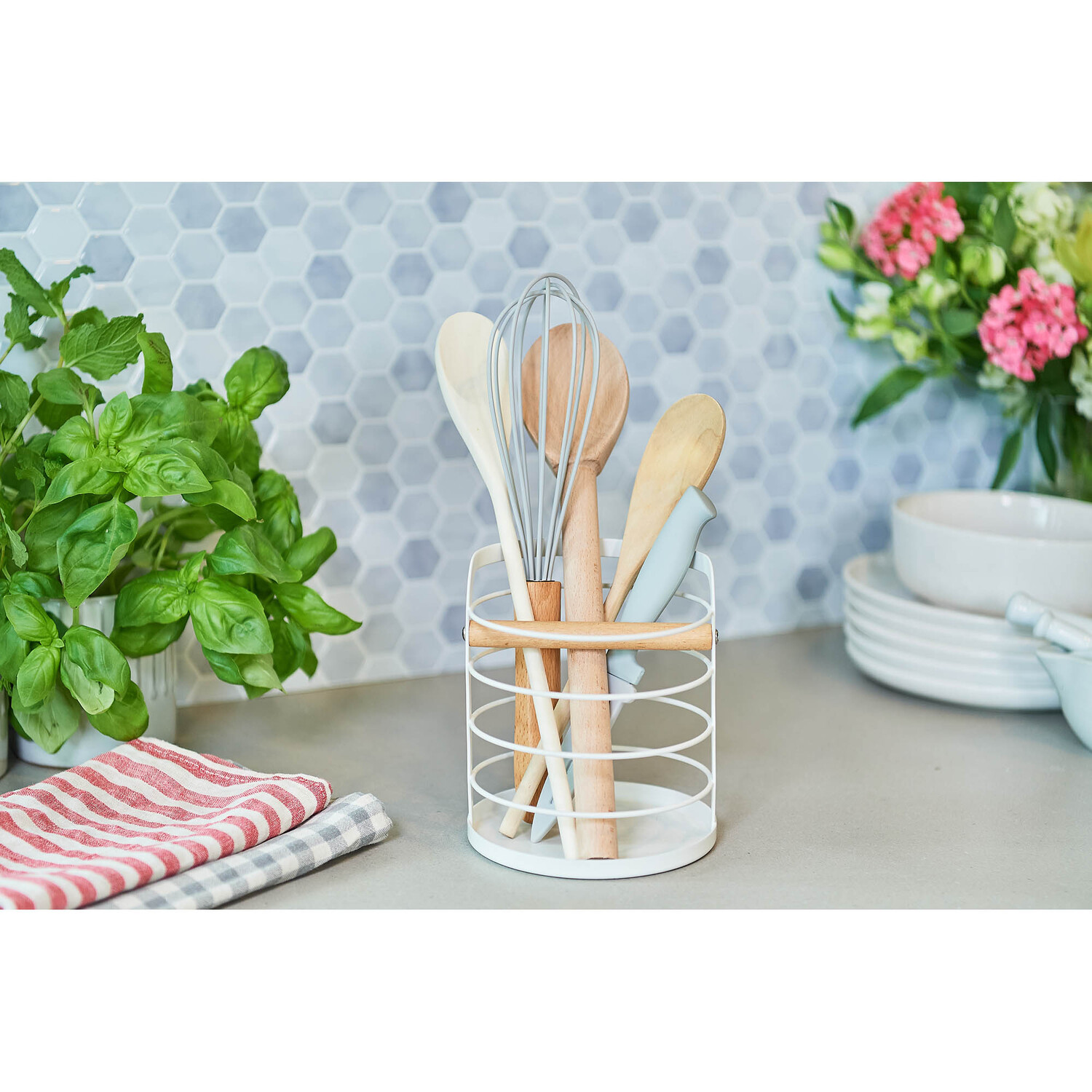 Utensil Holder Wood Divider White