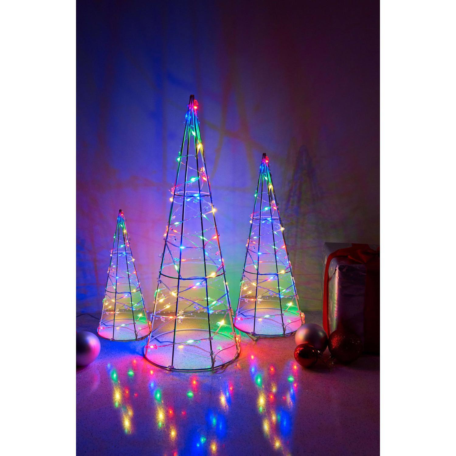 Cone Tree Lights 3-pack.  H: 31cm x Dia: 11cm (20 LED) H: 45cm x Dia: 16cm (30 LED) H: 60cm x Dia: 21cm (50 LED) 100 LED. Low voltage Multi-colour