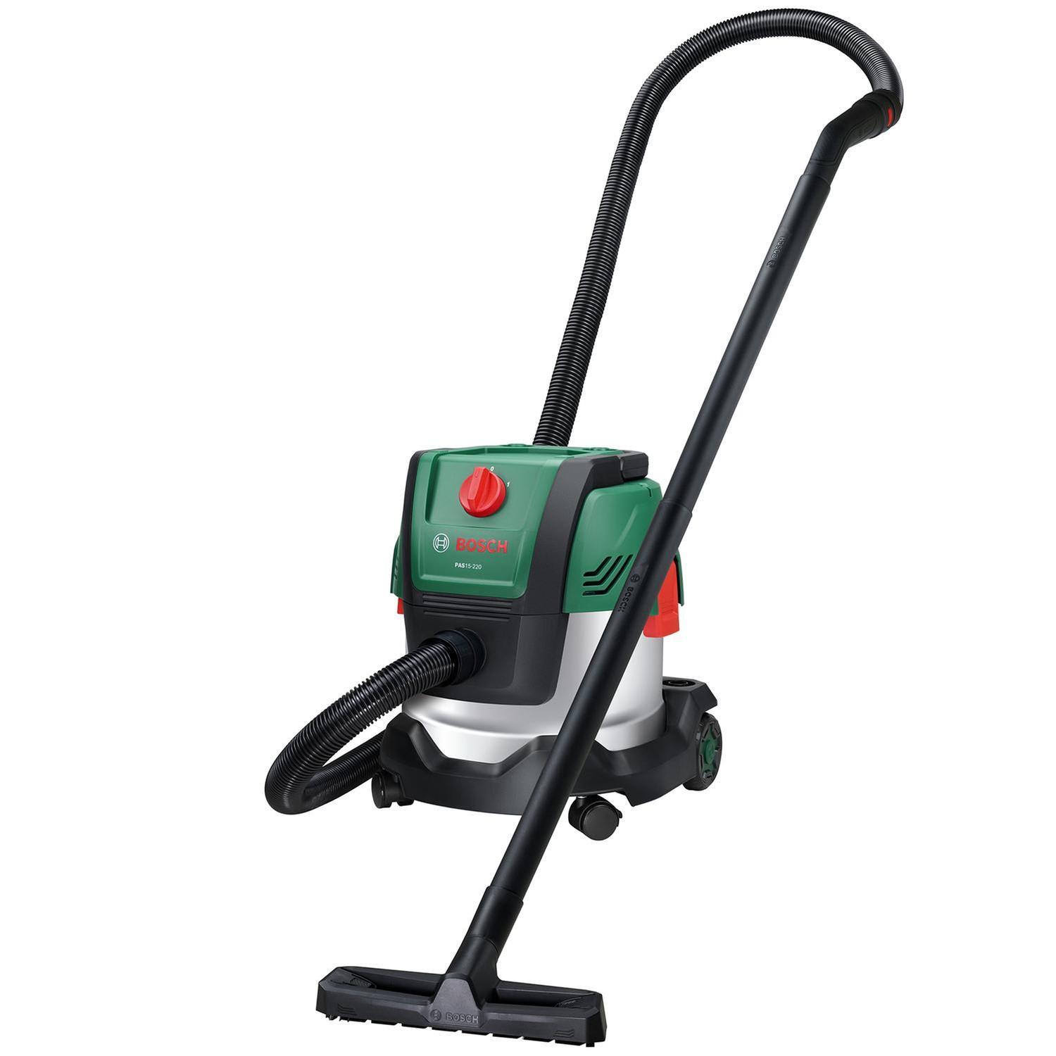 Bosch PAS15-220 1200W Wet Dry Vacuum Cleaner Set 15L Stainless Steel 220m Bar Incl: Extension pipes, Suction Hose + Handle, Floor Nozzle, Crevice Nozzle, Vac Fleece Bag, Flat Pleated Filter, Universal Adapter