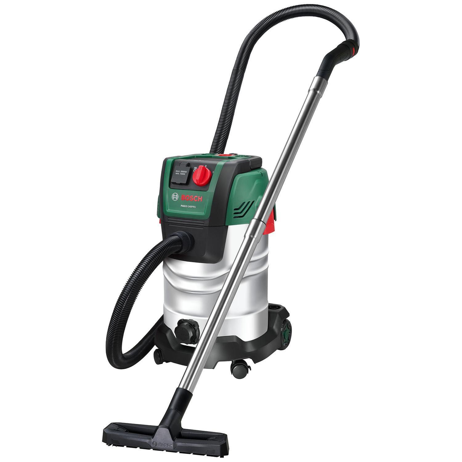 Bosch PAS30-240PRS 1300W Wet Dry Vacuum Cleaner Set 30L Stainless Steel 240m Bar Incl: Extension pipes, Suction Hose + Handle, Floor Nozzle, Crevice Nozzle, Vac Fleece Bag, Flat Pleated HEPA Filter, Universal Adapter, Remote