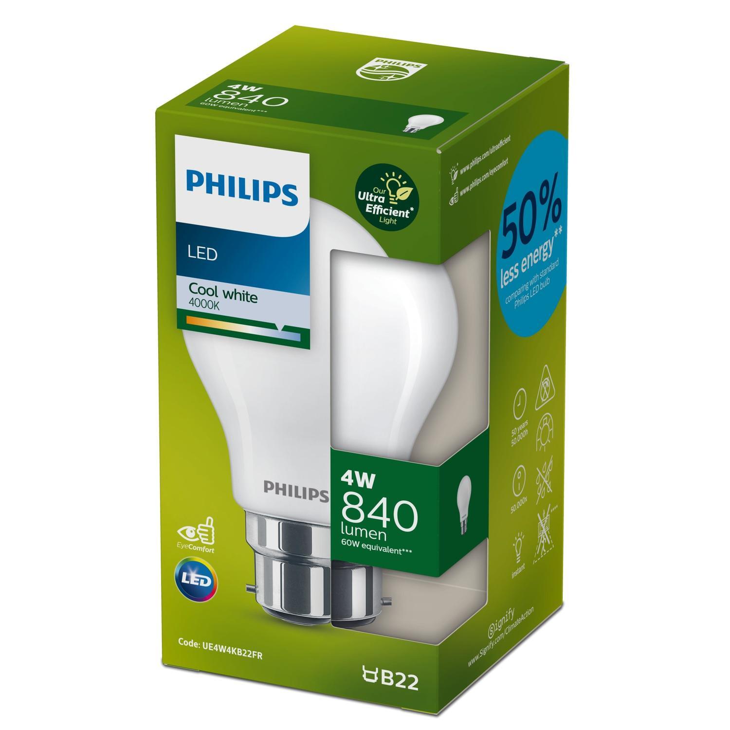 LED Ultra Efficient A60 B22 840 Lumen Frosted 4 Watt Cool White