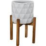 Indoor Geometric Ceramic Pot on Wooden Stand L White Large: 30cm White