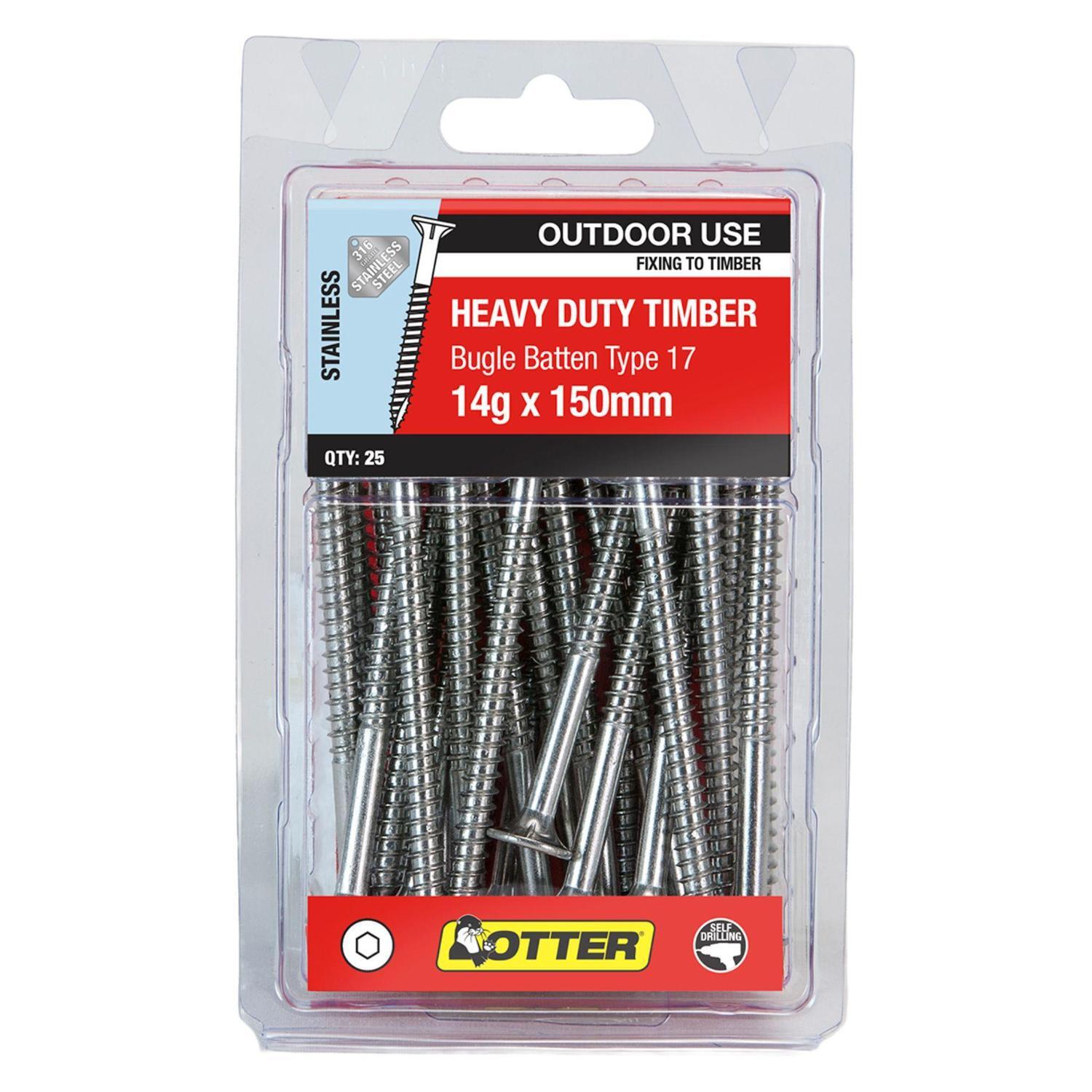 Heavy Duty Timber Screws 14g x 150mm Pack of 25 Stainless Steel