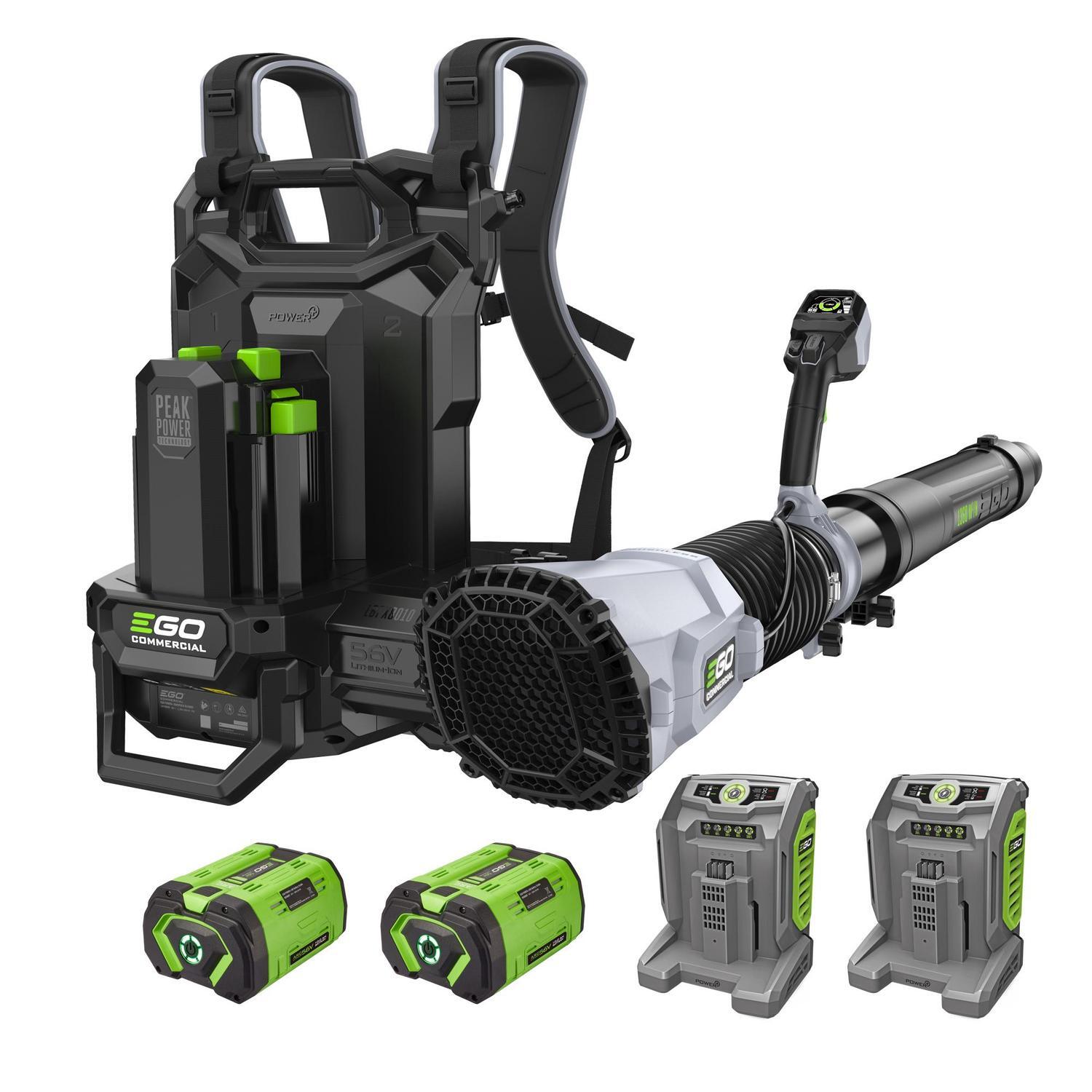 EGO POWER+ 56V Commercial 1360m³/h Dual Port, Brushless Backpack Blower KIT, nozzle included. Includes 2 X 10. Ah Batteries & 2 X Turbo Chargers