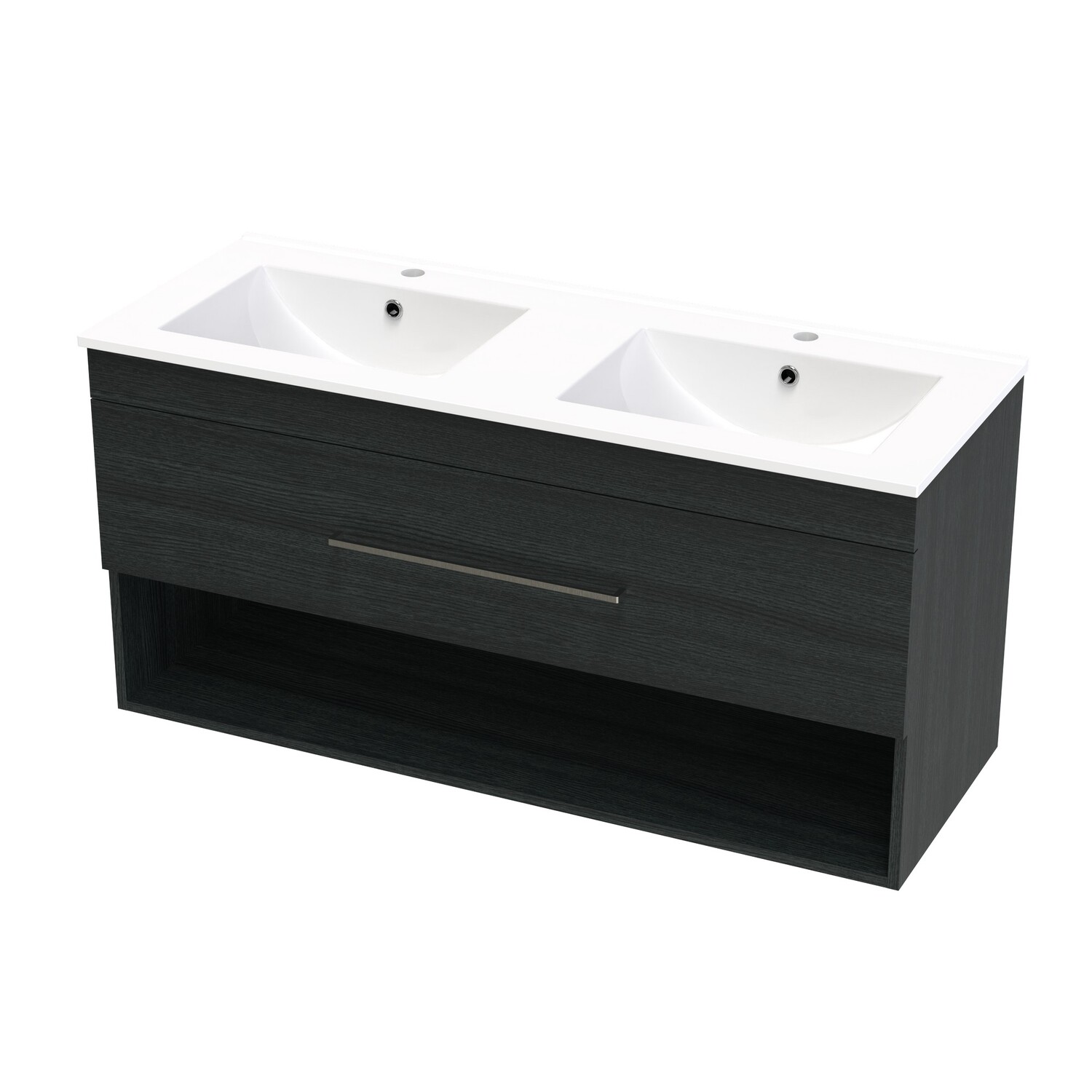 Cashmere Drawer Open Double Bowl Wall Hung Vanity