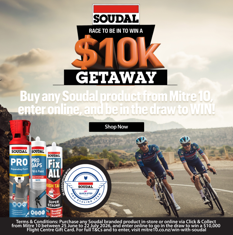 Buy any Soudal product from Mitre 10, enter online, and be in the draw to WIN!
