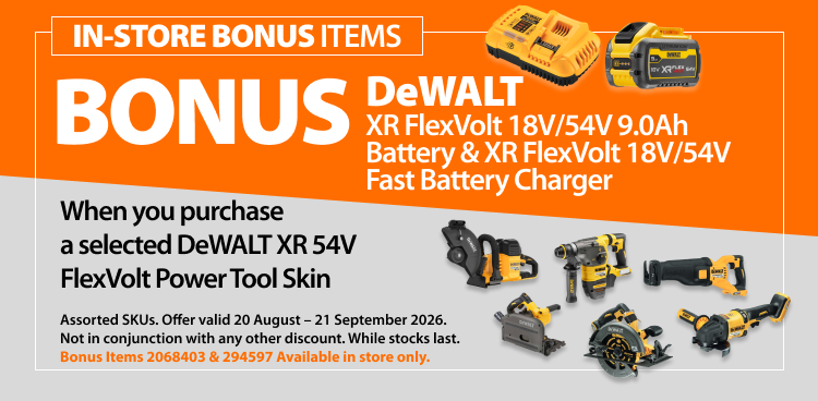 Selected DeWALT XR 54V FlexVolt Power Tool Skin. Bonus offer includes DeWALT XR FlexVolt 18V/54V 9.0Ah Battery & XR FlexVolt 18V/54V Fast Battery Charger. Offer valid 20 August – 21 September 2026.