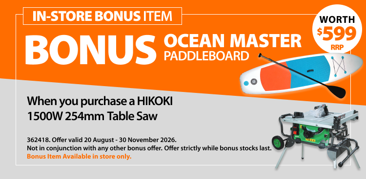 When you purchase a HIKOKI 1500W 254mm Table Saw Bonus OCEAN MASTER Paddle Board