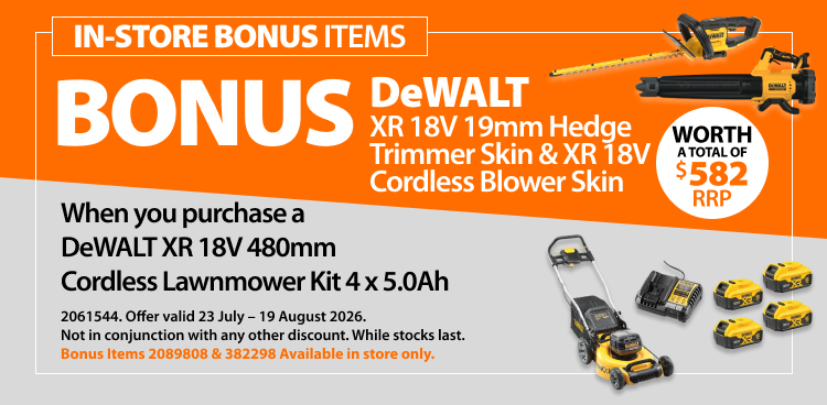 DeWALT XR 18V 480mm Cordless Lawnmower Kit 4 x 5.0Ah. Bonus offer includes DeWALT XR 18V 19mm Hedge Trimmer Skin and XR 18V Cordless Blower Skin, worth a total of $582 RRP.