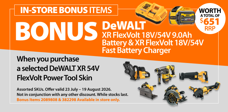 Selected DeWALT XR 54V FlexVolt Power Tool Skins. Bonus offer includes DeWALT XR FlexVolt 18V/54V 9.0Ah Battery and XR FlexVolt 18V/54V Fast Battery Charger, worth a total of $651 RRP.