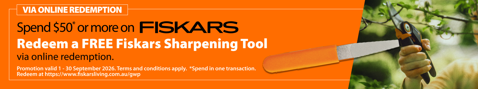 Spend 50 dollars or more on Fiskars and Redeem a FREE Fiskars Sharpening Tool