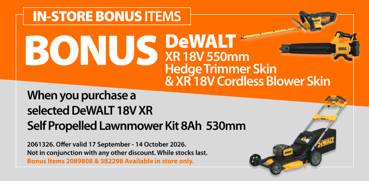 Selected DeWALT 18V XR Self Propelled Lawnmower Kit 8Ah 530mm. Bonus offer includes DeWALT XR 18V 550mm Hedge Trimmer Skin and XR 18V Cordless Blower Skin. Offer valid 17 September – 14 October 2026. Bonus items 2089808 and 382298 available in store only.