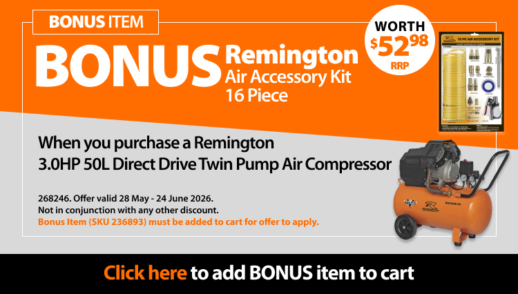 BONUS Air Accessory Kit 16 Piece When you purchase a Remington Twin Pump Air Compressor 