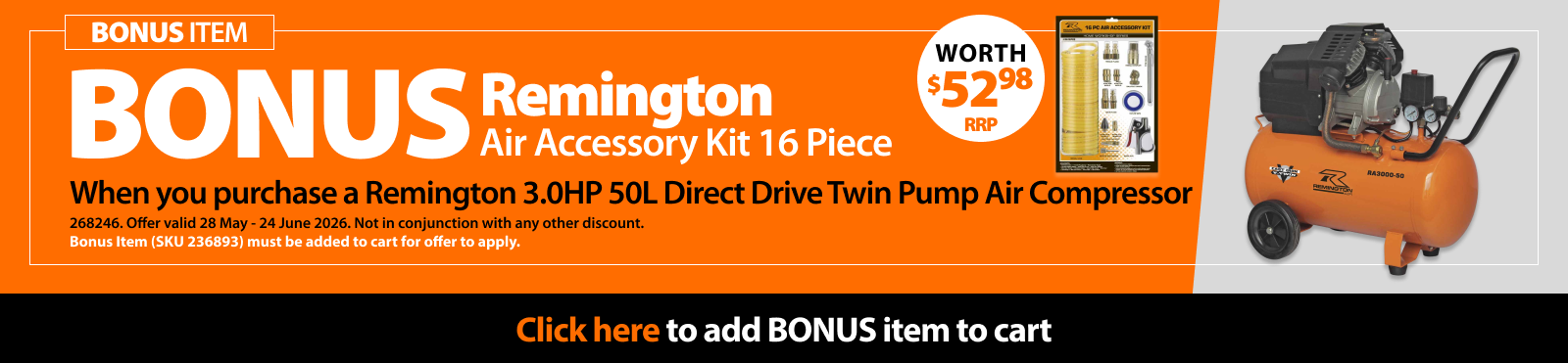 BONUS Air Accessory Kit 16 Piece When you purchase a Remington Twin Pump Air Compressor 